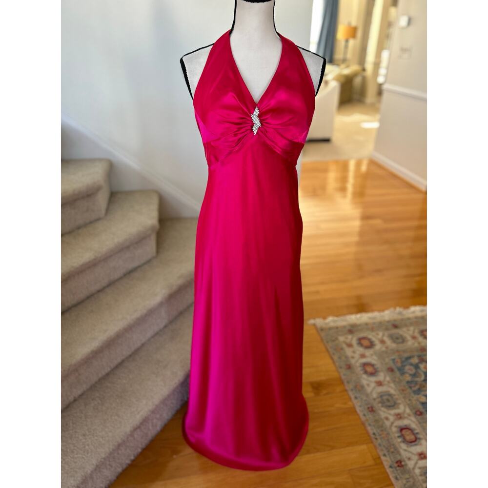 Vintage Y2K Pink Satin Halter Rhinestone Embellished Open Back Maxi Slip Gown